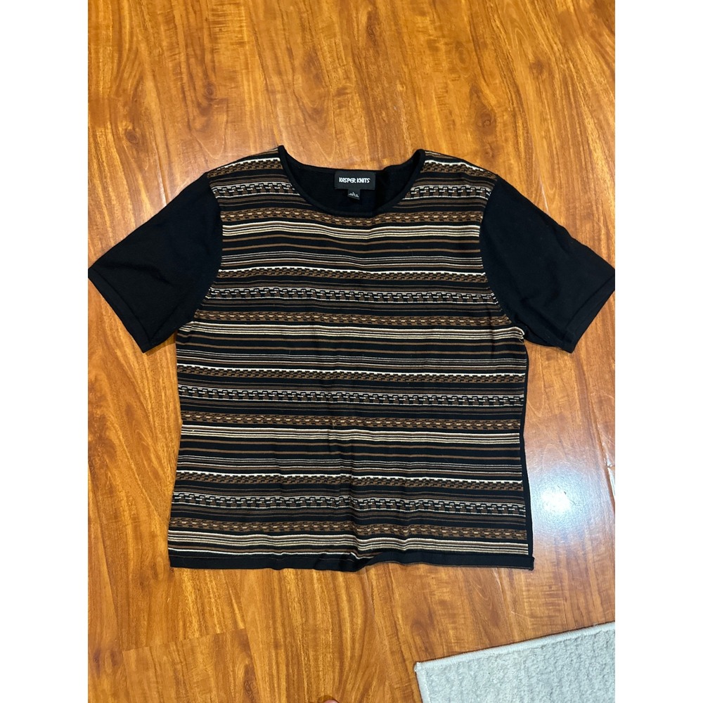 KASPER Knits Women's‎ Size L Brown Black Striped Short Sleeve Pullover Top